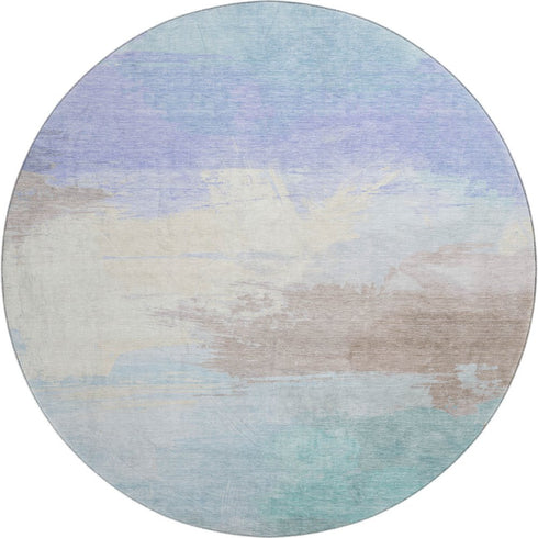 8' X 8' Sky Blue Lavender And Beige Abstract Washable Round Rug With UV Protection