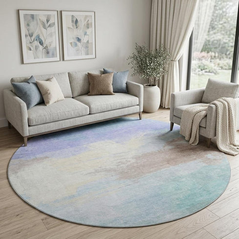8' X 8' Sky Blue Lavender And Beige Abstract Washable Round Rug With UV Protection