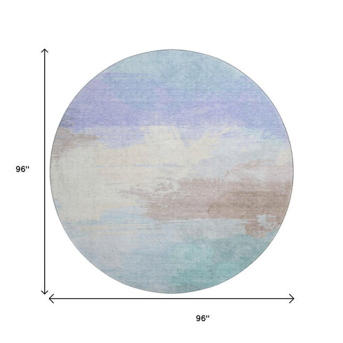 8' X 8' Sky Blue Lavender And Beige Abstract Washable Round Rug With UV Protection