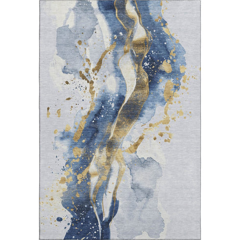 9' X 12' Blue Gold And Ivory Abstract Washable Area Rug With UV Protection