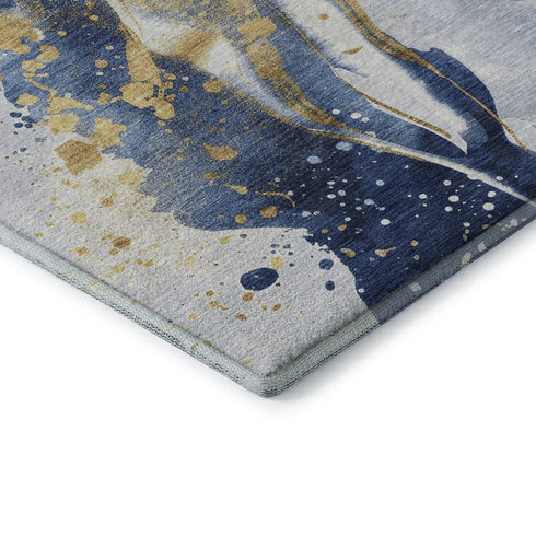 9' X 12' Blue Gold And Ivory Abstract Washable Area Rug With UV Protection