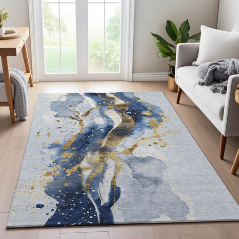 9' X 12' Blue Gold And Ivory Abstract Washable Area Rug With UV Protection