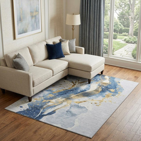 9' X 12' Blue Gold And Ivory Abstract Washable Area Rug With UV Protection