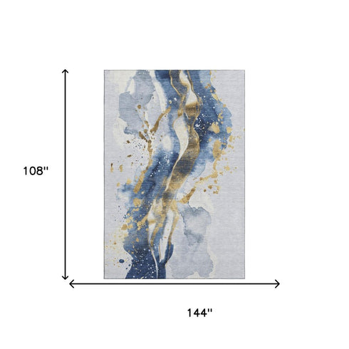 9' X 12' Blue Gold And Ivory Abstract Washable Area Rug With UV Protection
