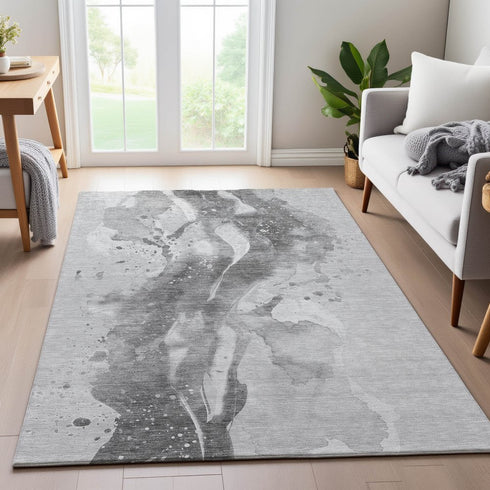 9' X 12' Gray Silver And Charcoal Abstract Washable Area Rug With UV Protection