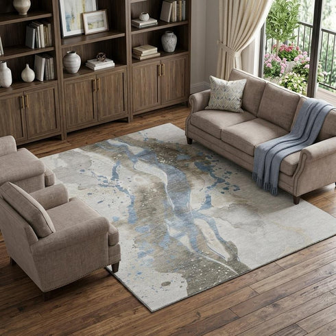 9' X 12' Taupe Blue And Ivory Abstract Washable Area Rug With UV Protection
