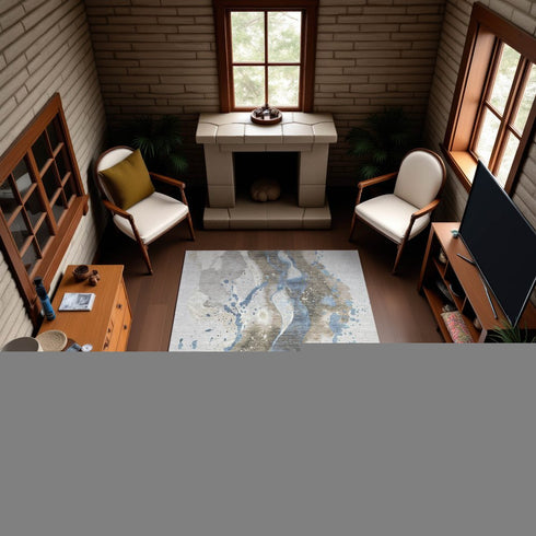 9' X 12' Taupe Blue And Ivory Abstract Washable Area Rug With UV Protection