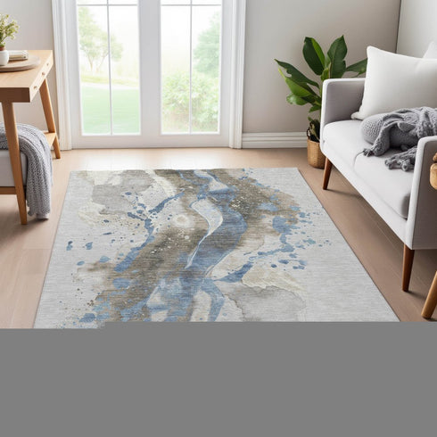 9' X 12' Taupe Blue And Ivory Abstract Washable Area Rug With UV Protection
