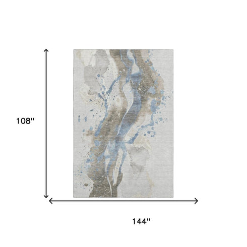 9' X 12' Taupe Blue And Ivory Abstract Washable Area Rug With UV Protection