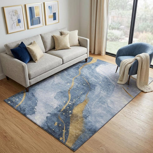 5' X 8' Blue Gold And Ivory Abstract Washable Area Rug With UV Protection