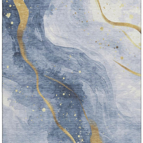 5' X 8' Blue Gold And Ivory Abstract Washable Area Rug With UV Protection