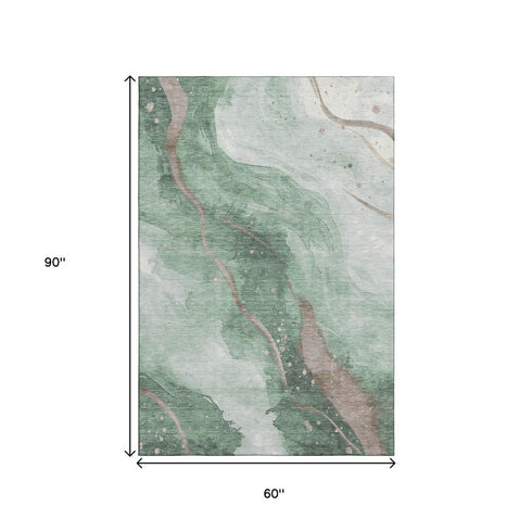 5' X 8' Green Taupe And Ivory Abstract Washable Area Rug With UV Protection