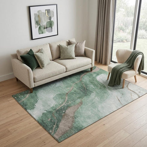 5' X 8' Green Taupe And Ivory Abstract Washable Area Rug With UV Protection