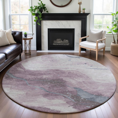 8' X 8' Lavender Blue And Ivory Abstract Washable Round Rug With UV Protection