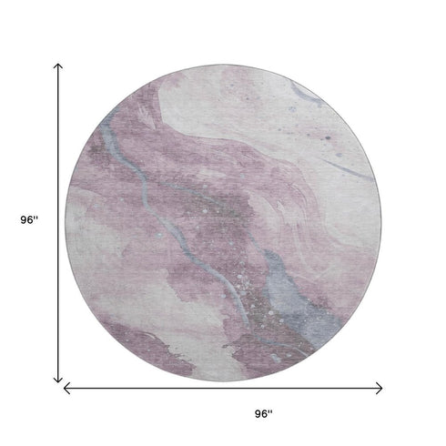8' X 8' Lavender Blue And Ivory Abstract Washable Round Rug With UV Protection