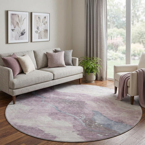 8' X 8' Lavender Blue And Ivory Abstract Washable Round Rug With UV Protection
