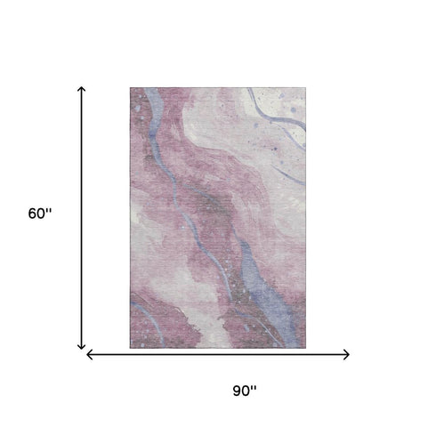 5' X 8' Mauve Blue And Ivory Abstract Washable Area Rug With UV Protection