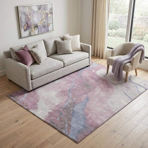 5' X 8' Mauve Blue And Ivory Abstract Washable Area Rug With UV Protection