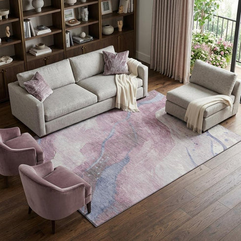 9' X 12' Mauve Blue And Ivory Abstract Washable Area Rug With UV Protection