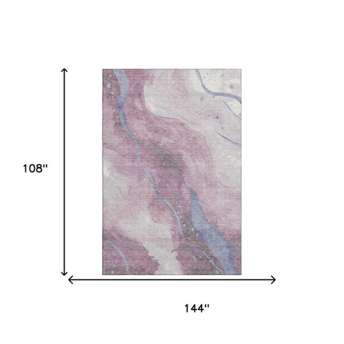 9' X 12' Mauve Blue And Ivory Abstract Washable Area Rug With UV Protection