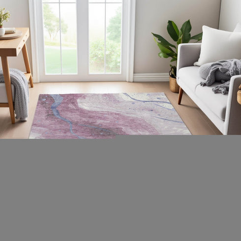 9' X 12' Mauve Blue And Ivory Abstract Washable Area Rug With UV Protection