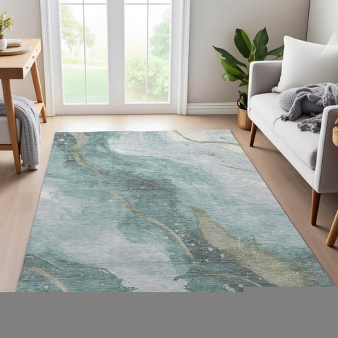 8' Teal Green And Ivory Abstract Washable Area Rug With UV Protection