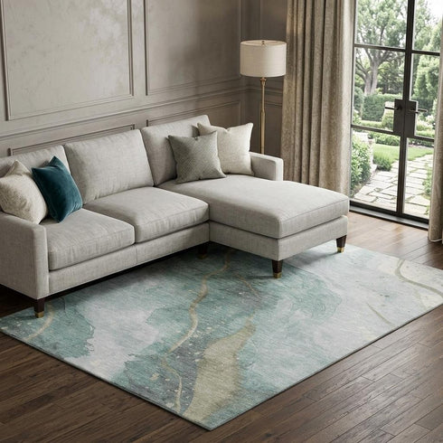 9' X 12' Teal Green And Ivory Abstract Washable Area Rug With UV Protection