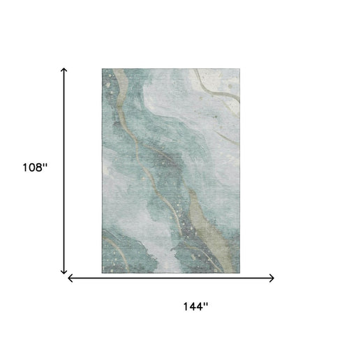 9' X 12' Teal Green And Ivory Abstract Washable Area Rug With UV Protection