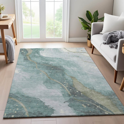 9' X 12' Teal Green And Ivory Abstract Washable Area Rug With UV Protection
