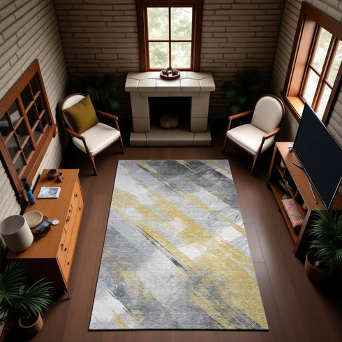 8' Gold Gray And Ivory Striped Washable Area Rug With UV Protection