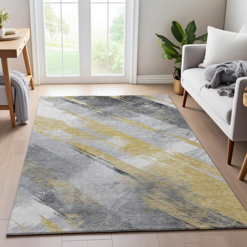 8' Gold Gray And Ivory Striped Washable Area Rug With UV Protection