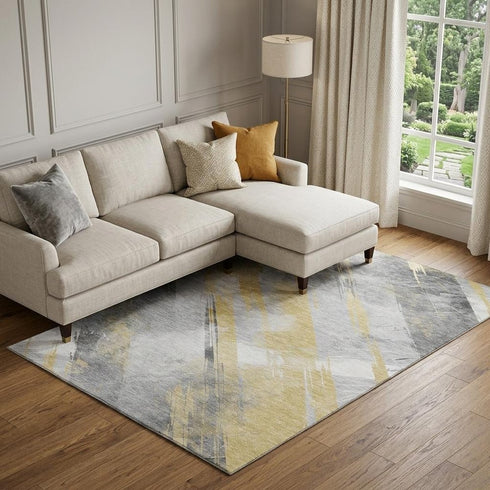 8' Gold Gray And Ivory Striped Washable Area Rug With UV Protection