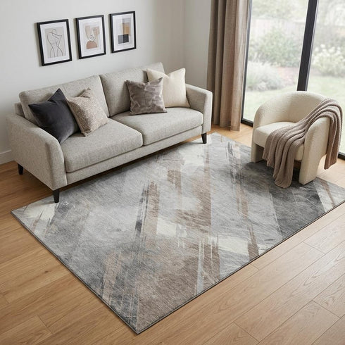 5' X 8' Taupe Gray And Silver Striped Washable Area Rug With UV Protection