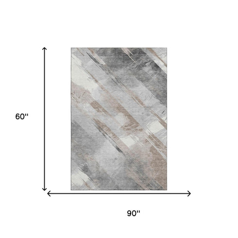 5' X 8' Taupe Gray And Silver Striped Washable Area Rug With UV Protection