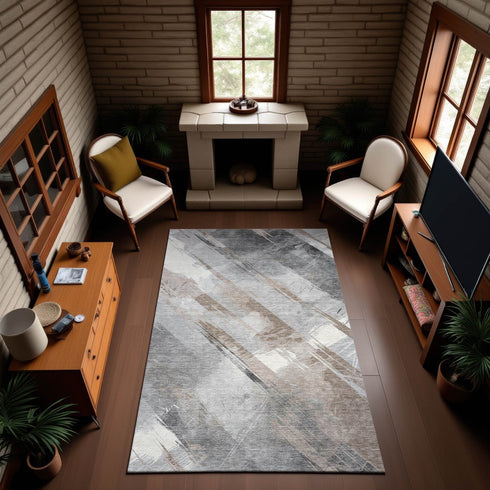 8' Taupe Gray And Silver Striped Washable Area Rug With UV Protection
