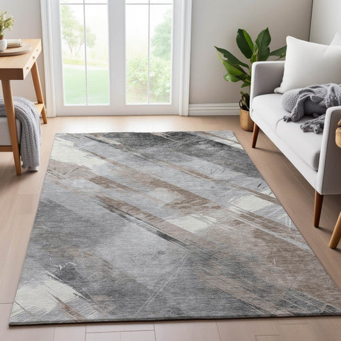 8' Taupe Gray And Silver Striped Washable Area Rug With UV Protection