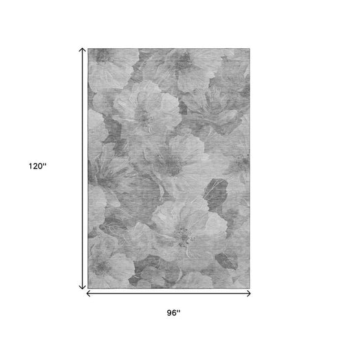 8' Gray Silver And Charcoal Floral Washable Area Rug With UV Protection