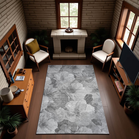 8' Gray Silver And Charcoal Floral Washable Area Rug With UV Protection