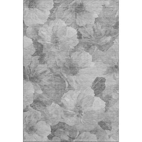 8' Gray Silver And Charcoal Floral Washable Area Rug With UV Protection
