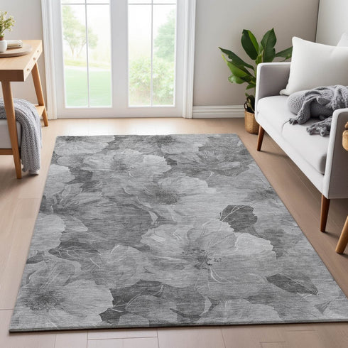 8' Gray Silver And Charcoal Floral Washable Area Rug With UV Protection