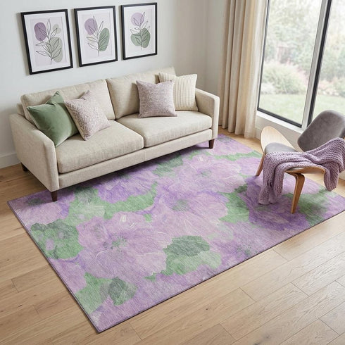 5' X 8' Lavender And Green Floral Washable Area Rug With UV Protection