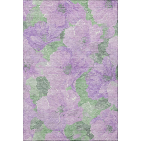 5' X 8' Lavender And Green Floral Washable Area Rug With UV Protection