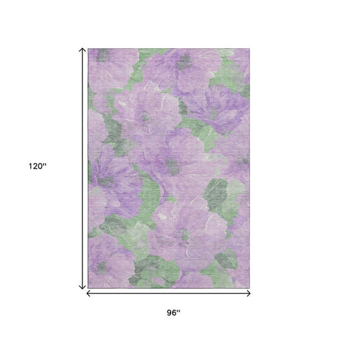 8' Lavender And Green Floral Washable Area Rug With UV Protection