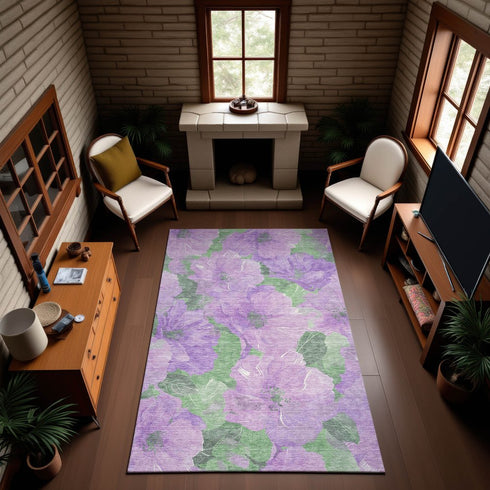 8' Lavender And Green Floral Washable Area Rug With UV Protection