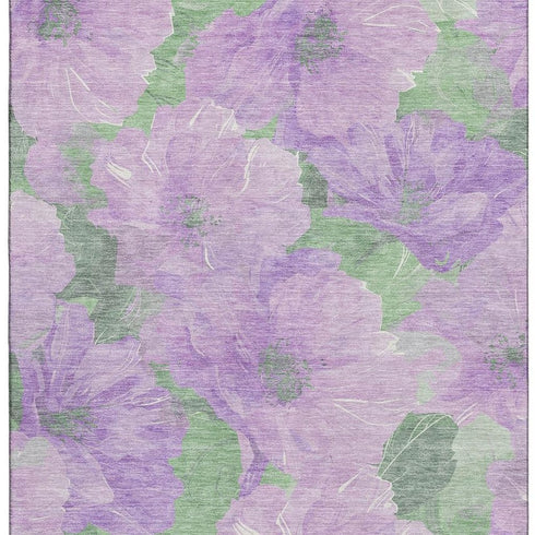 8' Lavender And Green Floral Washable Area Rug With UV Protection