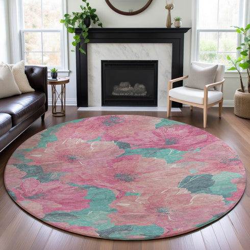 8' X 8' Pink And Teal Floral Washable Round Rug With UV Protection