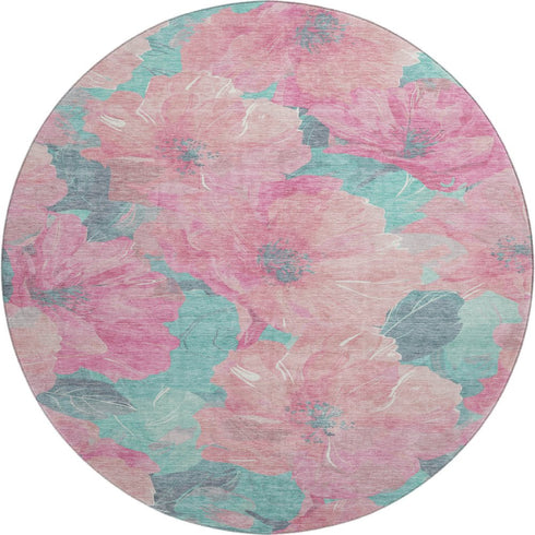 8' X 8' Pink And Teal Floral Washable Round Rug With UV Protection