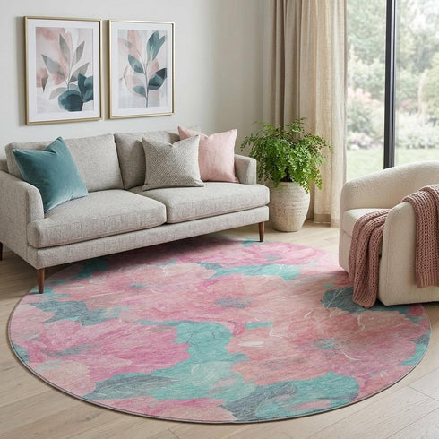 8' X 8' Pink And Teal Floral Washable Round Rug With UV Protection