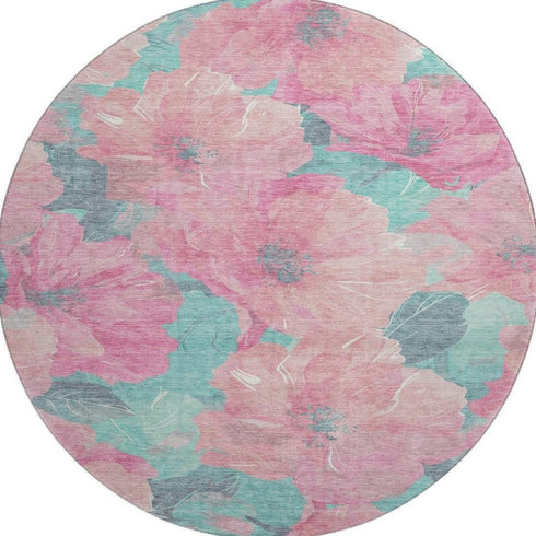 8' X 8' Pink And Teal Floral Washable Round Rug With UV Protection