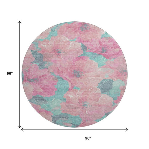 8' X 8' Pink And Teal Floral Washable Round Rug With UV Protection
